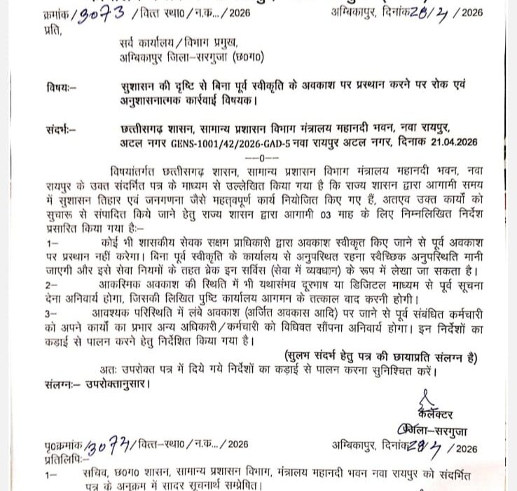 ब्रेकिंग….बिना अनुमति अवकाश पर जाने पर कड़ी कार्रवाई, कलेक्टर ने जारी किए सख्त निर्देश