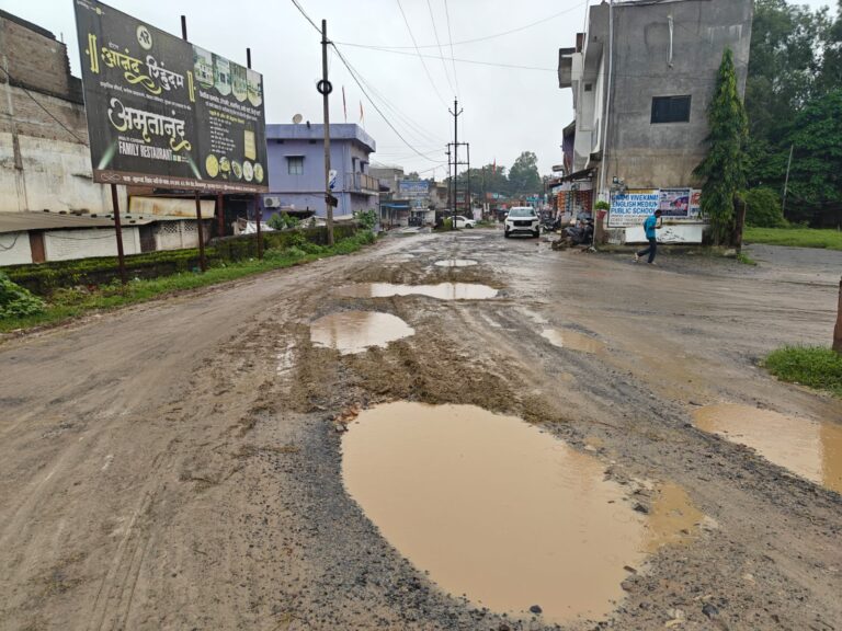 बिश्रामपुर स्टेशन पहुंच मार्ग बदहाल, 50 से अधिक गड्ढों में तब्दील हुई सड़क
